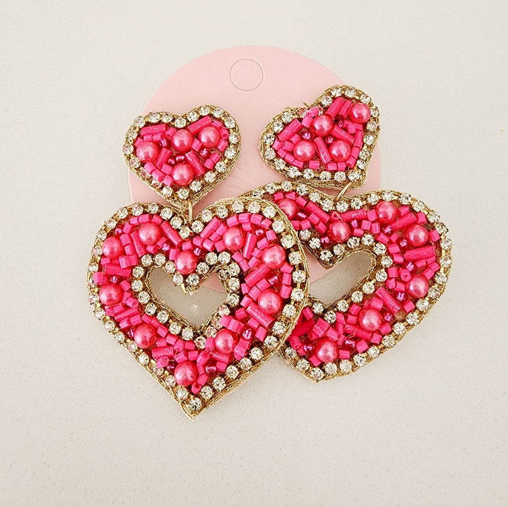 Beaded Heart Statement Earrings